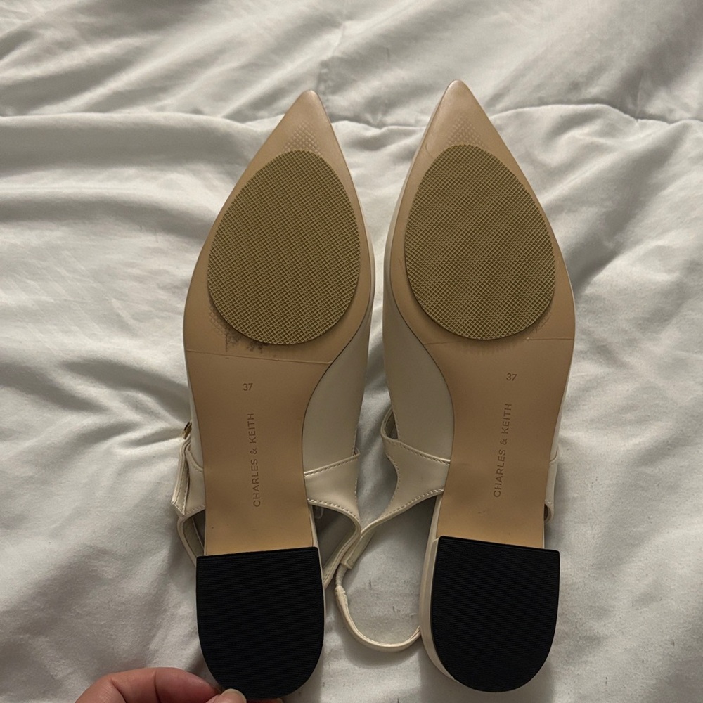 Charles & Keith Cream Pointed Slingback Flats with Gold Buckle - Picture 2 of 5